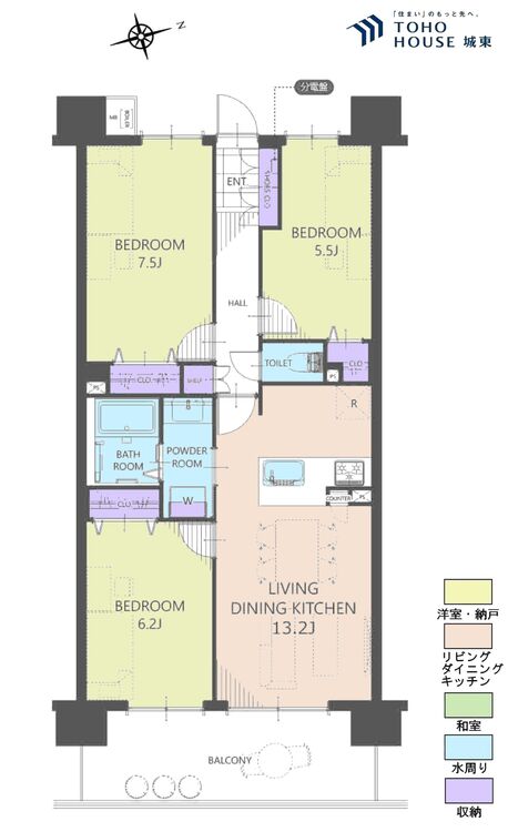 間取り ３ＬＤＫ、専有面積７０．２１平米、バルコニー面積１２平米