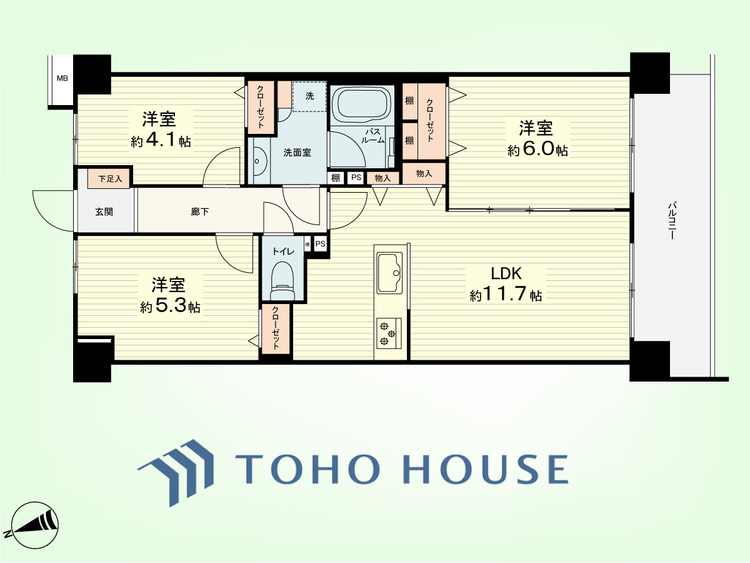 間取り 3LDK　専有面積61.11平米、バルコニー面積9.44平米
