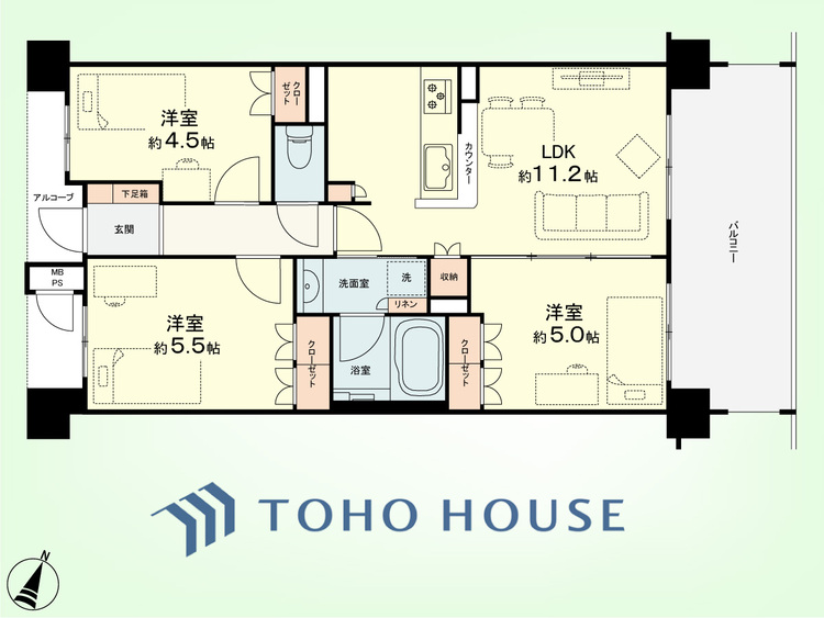 間取り 3LDK　専有面積57.16平米、バルコニー面積11.8平米