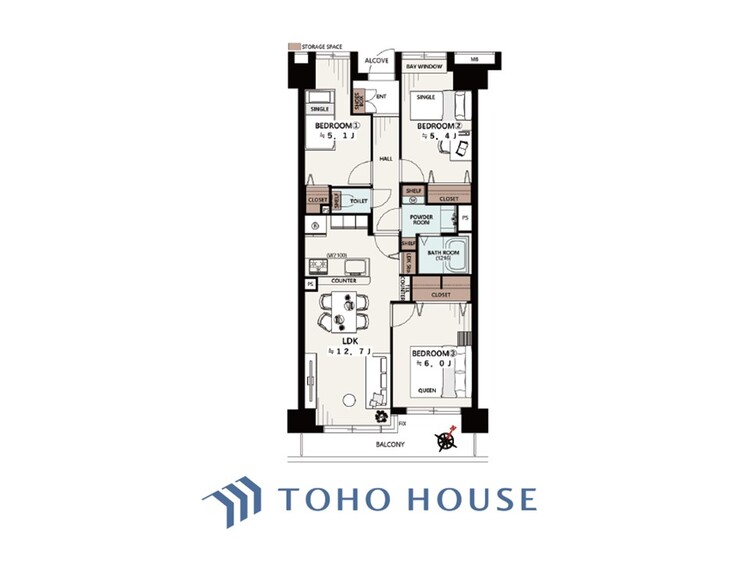 間取り 採光と風　家事導線も比較的良好で、風通しの良さで過ごしやすい麗(うら)らかな気分にさせてくれるリビング