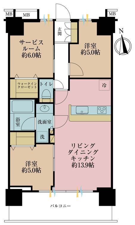 間取り 2SLDK、専有面積65.09?、バルコニー面積11.27?