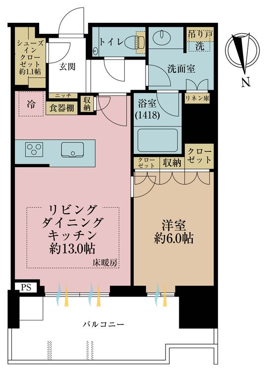 間取り 1LDK、専有面積49.38m2、バルコニー面積11.27m2
