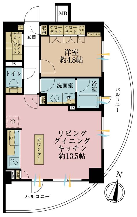 間取り 1LDK、専有面積46.71?、バルコニー面積15.38?