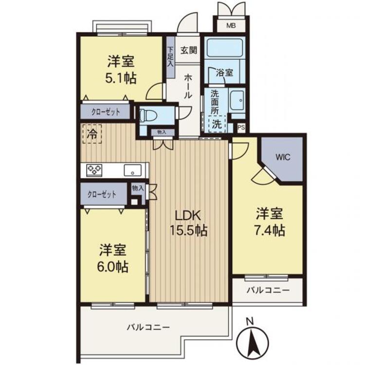 間取り リビングや洋室が南面に面していますので日当たり良好なお部屋です。