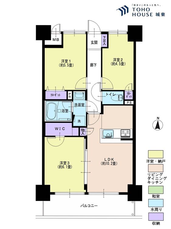 間取り ３ＬＤＫ、専有面積５８．８７平米、バルコニー面積８．７平米