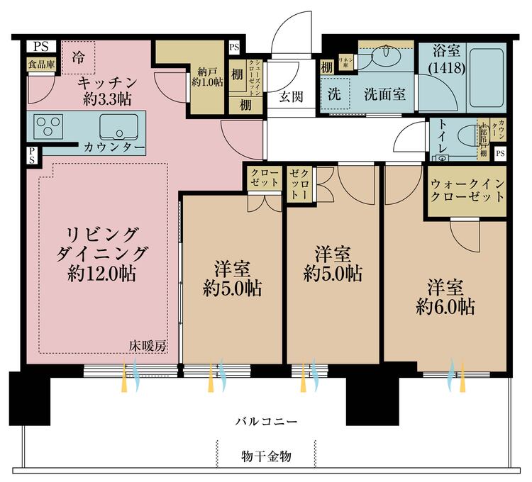 間取り 3LDK+S（納戸）、専有面積74.41m2