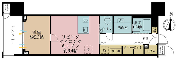 間取り 1LDK、専有面積42.24m2、バルコニー面積7.62m2