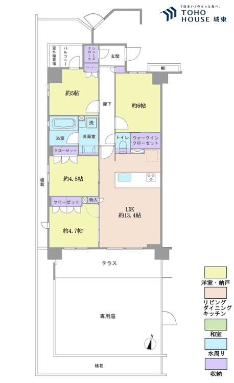 間取り ３ＳＬＤＫ、専有面積７５．２２平米、専用庭面積２９．５平米