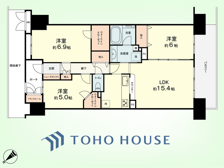間取り 3LDK+TR　専有面積76.34平米、バルコニー面積12.35平米