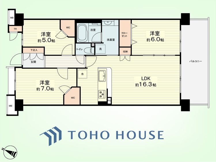 間取り 3LDK+TR　専有面積75.61平米、バルコニー面積12.60平米
