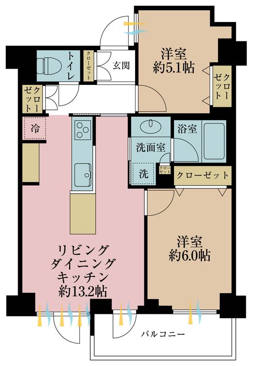 間取り 2LDK、専有面積54.92m2