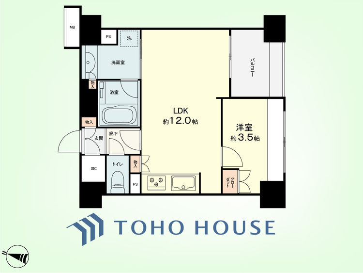 間取り 1LDK　専有面積42.12平米、バルコニー面積4.75平米