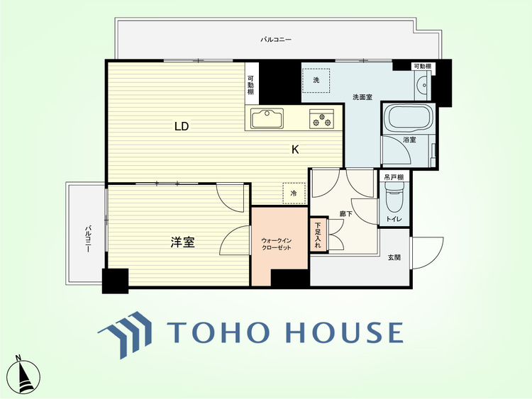 間取り 1LDK　専有面積44.66平米、バルコニー面積9.87平米