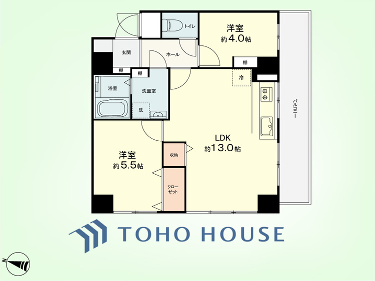 間取り 2LDK　専有面積50.93平米、バルコニー面積8.66平米