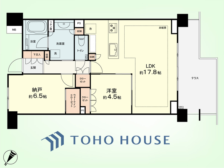 間取り 1SLDK　専有面積66.2平米、テラス面積13.99平米