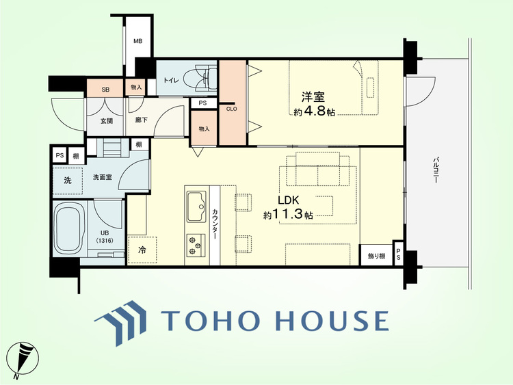 間取り 1LDK　専有面積40.22平米、バルコニー面積7.5平米