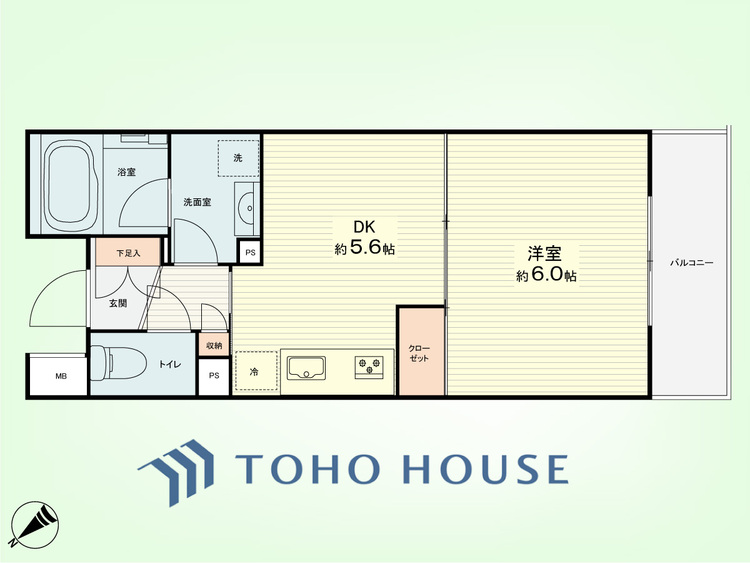 間取り 1DK　専有面積28.79平米、バルコニー面積3.96平米