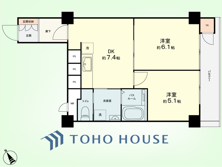 間取り 2DK　専有面積45.162平米、バルコニー面積5.368平米