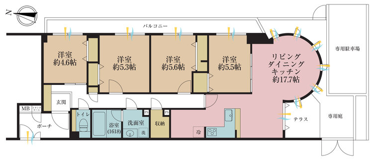 間取り 4LDK、専有面積102m2、バルコニー面積16.91m2
