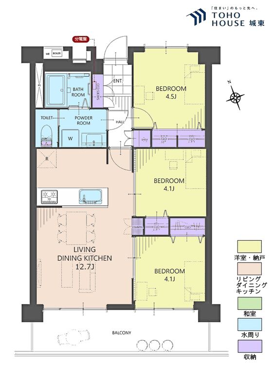 間取り ３ＬＤＫ、専有面積５８．２７平米、バルコニー面積９．６０平米
