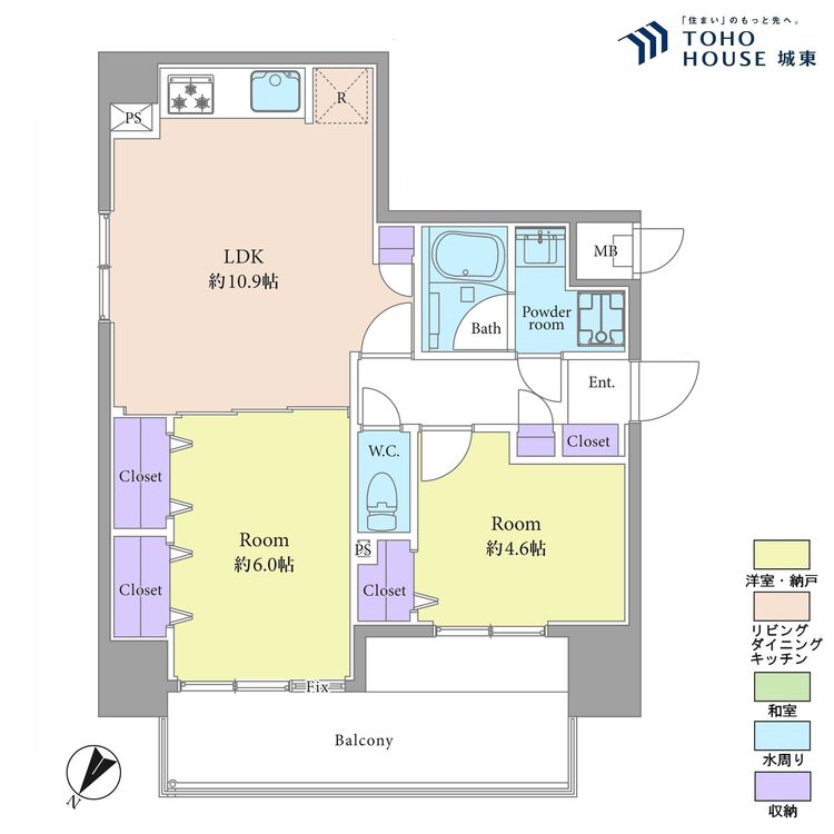 間取り ２ＬＤＫ、専有面積５１．５平米、バルコニー面積７．３２平米
