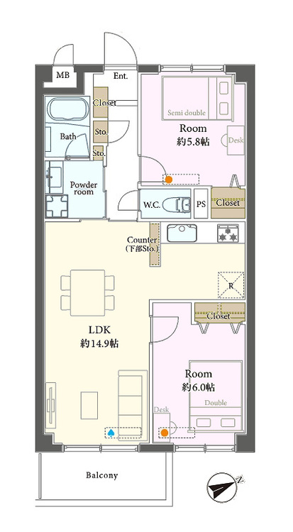 その他 2LDK、専有面積57.96m2、バルコニー面積5.4m2