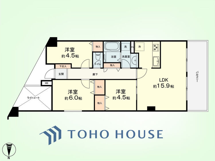 間取り 3LDK　専有面積68.57平米、バルコニー面積10.8平米