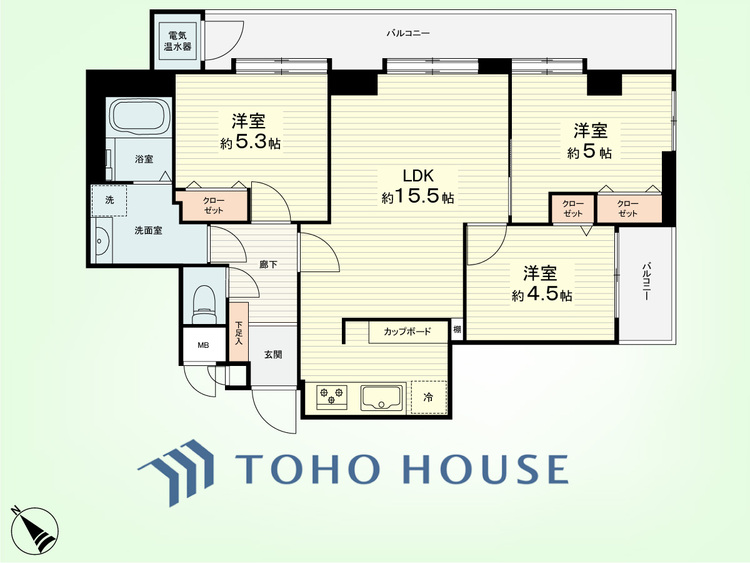 間取り 3LDK　専有面積73.66平米、バルコニー面積14.71平米