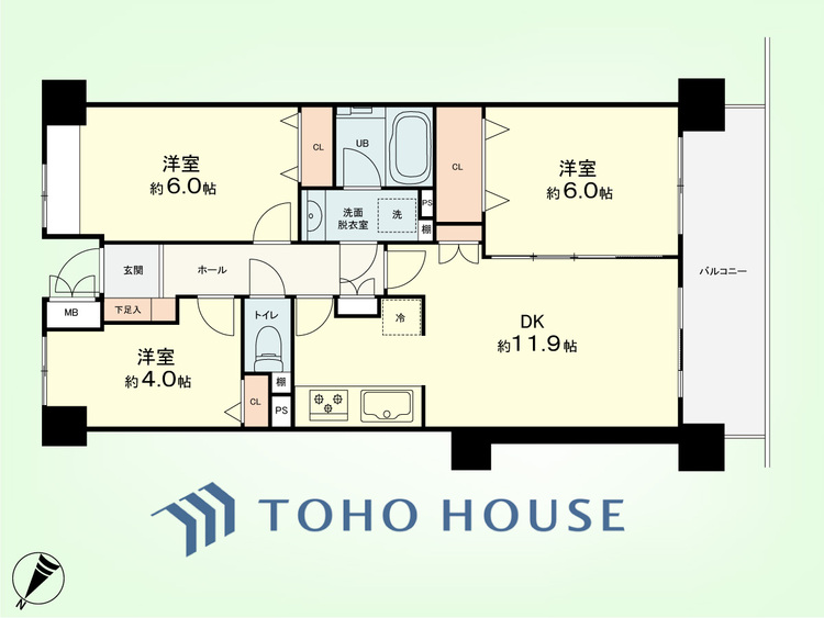 間取り 3LDK　専有面積62.85平米、バルコニー面積8.83平米