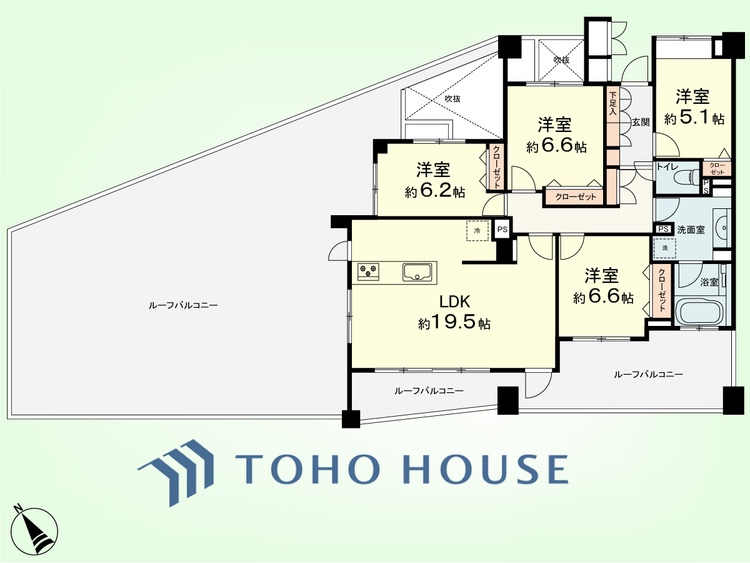 間取り 4LDK　専有面積100.93平米、ルーフバルコニー面積平94.72米