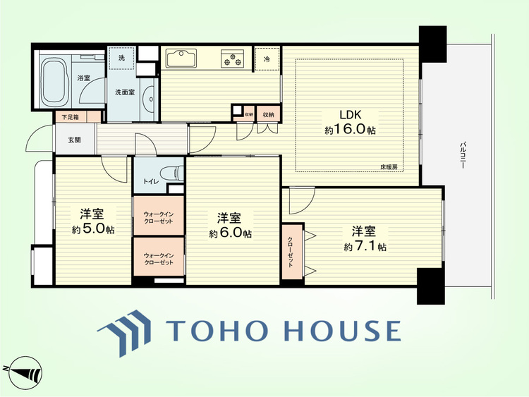 間取り 3LDK　専有面積73.54平米、バルコニー面積11.89平米