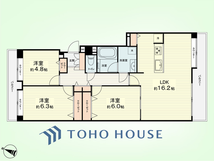 間取り 3LDK　専有面積77.91平米、バルコニー面積17.11平米