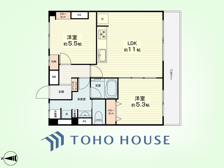 間取り 2LDK　専有面積49平米、バルコニー面積6平米