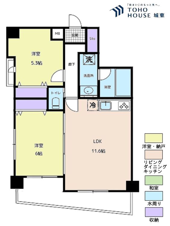 間取り ２ＬＤＫ、専有面積５１.４３平米、バルコニー面積６．９１平米