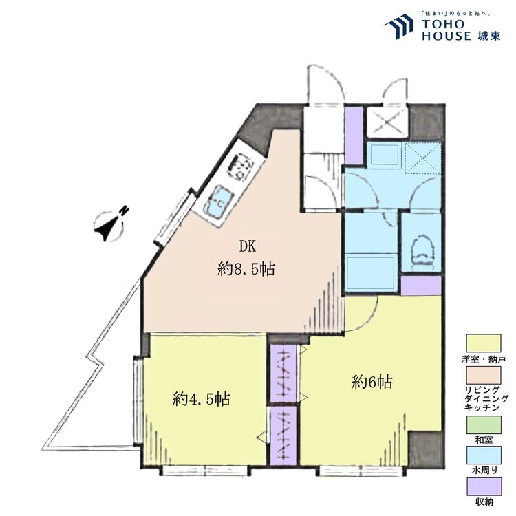 間取り ２ＤＫ、専有面積４４．１８平米、バルコニー面積２．９３平米