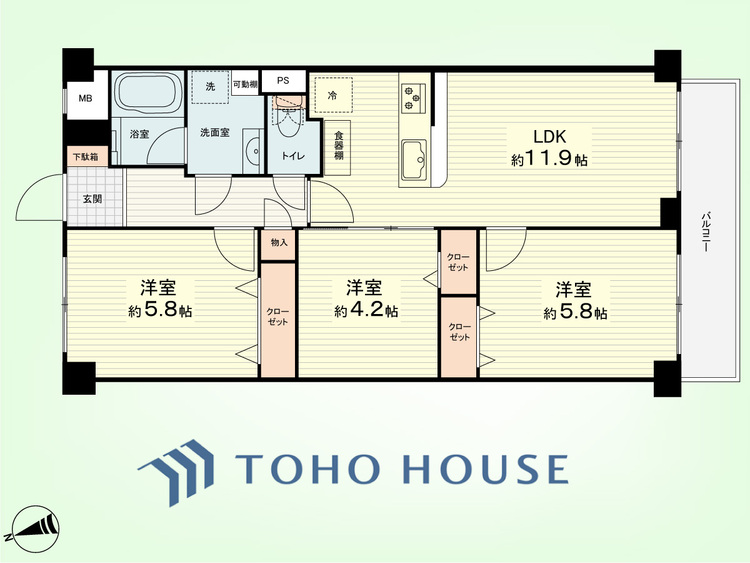 間取り 3LDK　専有面積61.6平米、バルコニー面積4.8平米
