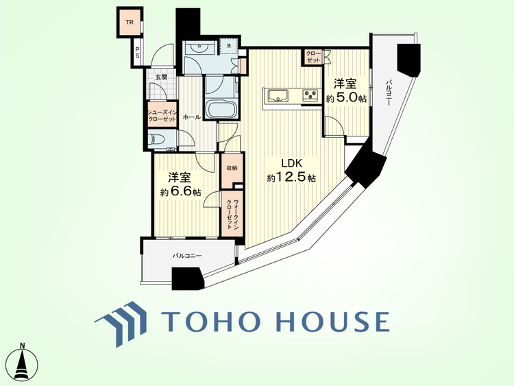 間取り 2LDK+TR　専有面積73.47平米、バルコニー面積6.77平米