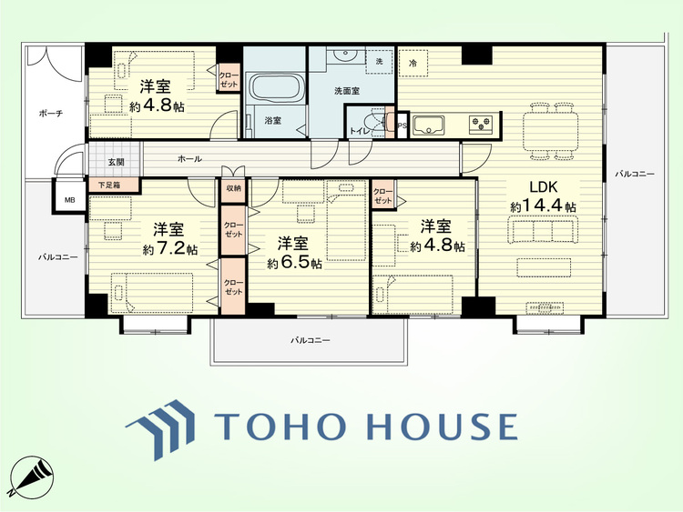 間取り 4LDK　専有面積86.94平米、バルコニー面積18.50平米