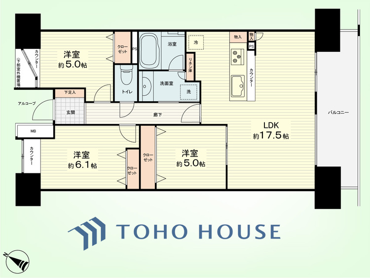 間取り 3LDK+リネン庫　専有面積73.96平米、バルコニー面積11.55平米