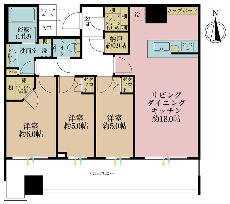 間取り 3LDK、専有面積78.59?、バルコニー面積18.93?