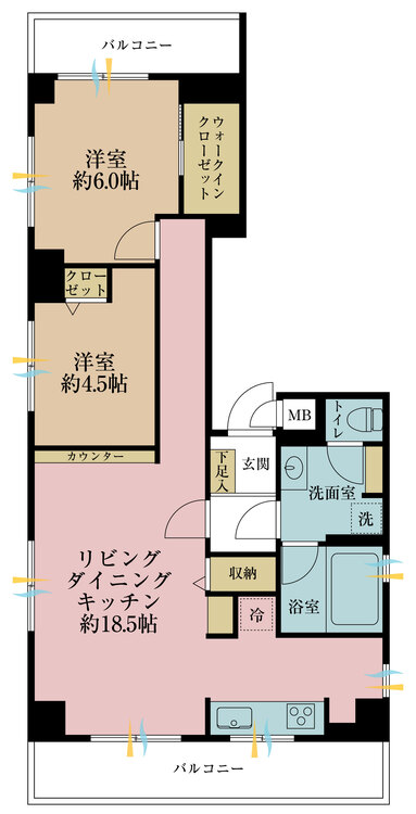 間取り 2LDK、専有面積63.77?、バルコニー面積確認中
