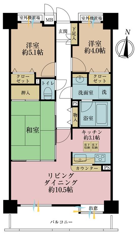 間取り ３ＬＤＫ、専有面積６５．７５平米、バルコニー面積７．７３平米