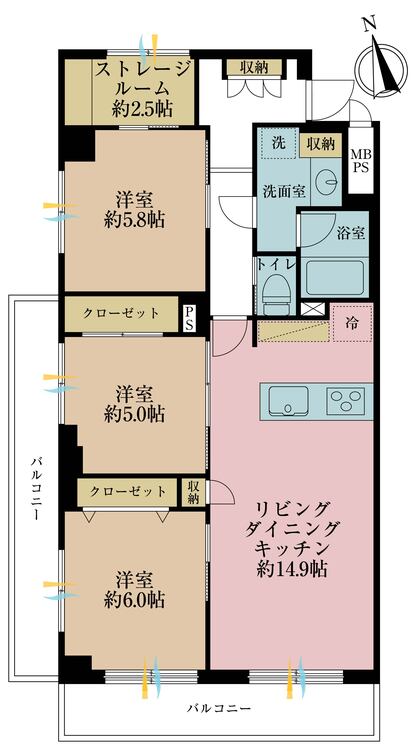その他 3LDK+S（納戸）、専有面積75.35m2、バルコニー面積12.96m2