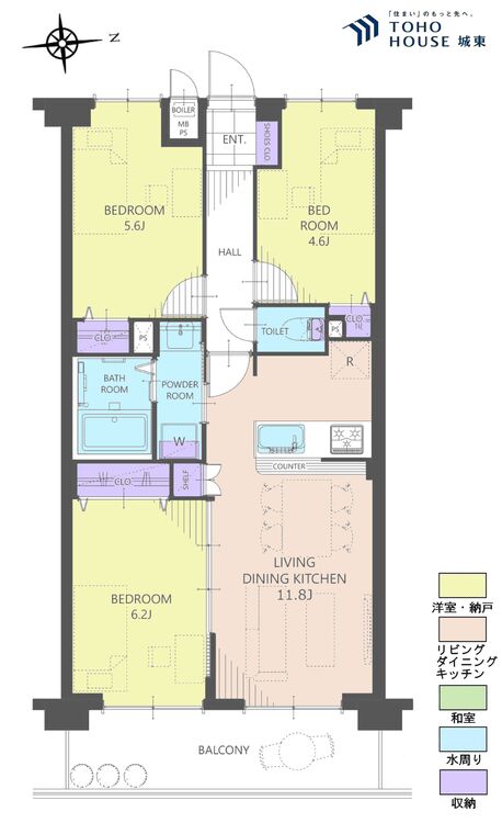間取り ３ＬＤＫ、専有面積６０．０５平米、バルコニー面積７．９８平米