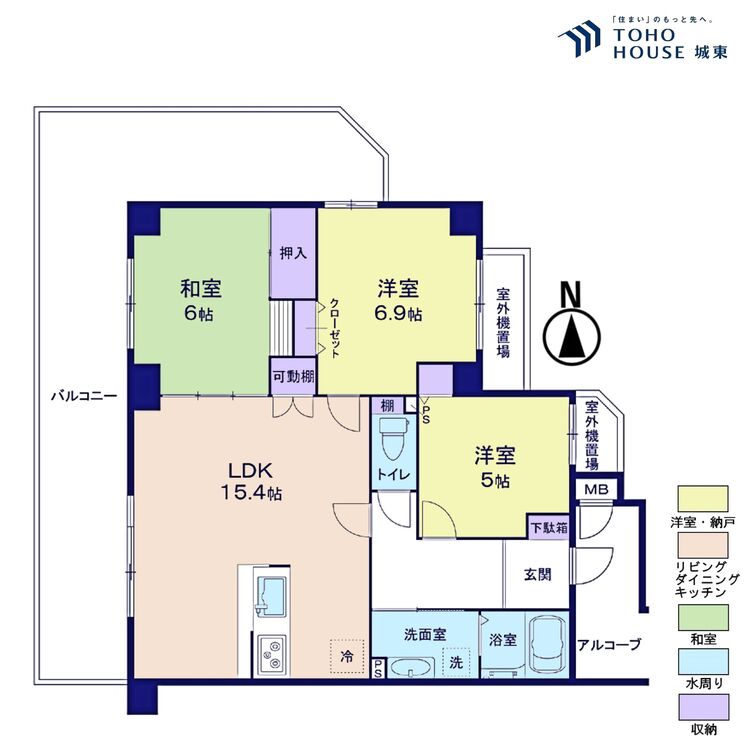 間取り ３ＬＤＫ、専有面積６９．１９平米、バルコニー面積２８．４平米