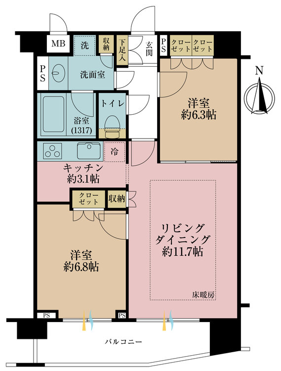その他 2LDK、専有面積56.34m2、バルコニー面積8.29m2