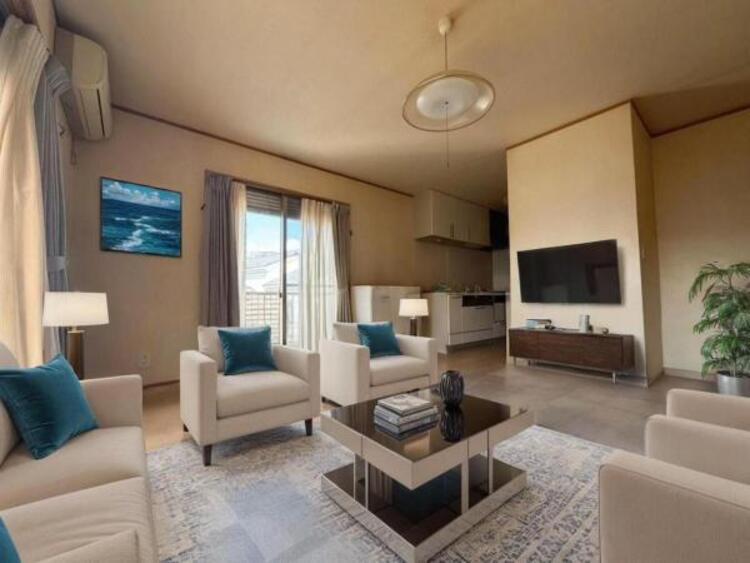 居間 家族の会話や笑顔が行き交うリビングで、子供を走り回らせたい。ダイニングテーブルでゆったり食事を堪能。光と風が溢れる開放的なリビングダイニングには、くつろぎの空間を生み自然と家族みんなが集まってきます 