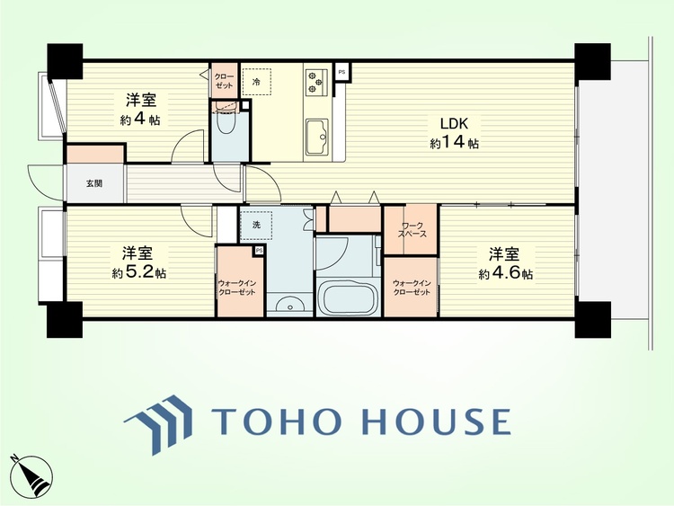 間取り 3LDK+ワークスペース　専有面積66.69平米、バルコニー面積9.12平米