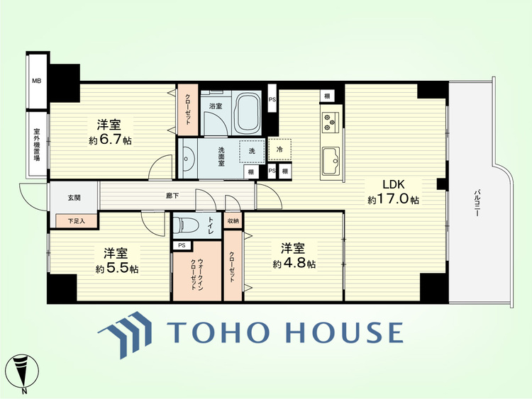 間取り 3LDK　専有面積75.4平米、バルコニー面積10.39平米