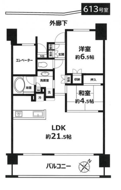 間取り 南面バルコニーからの視界には高層の建物がなく、広々とした空が望め、明るく抜けな開放感を楽しみ頂けます。